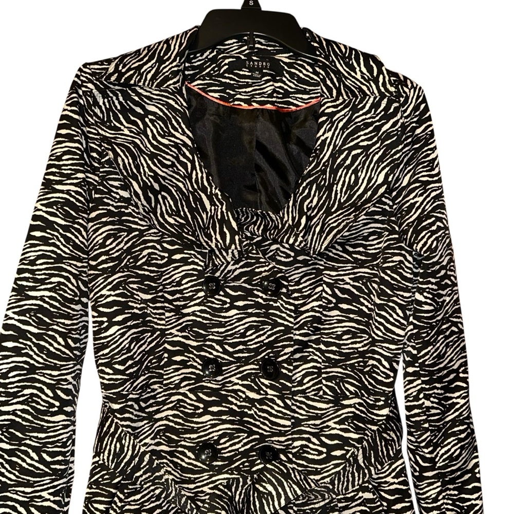 Sandro Studio Zebra Print Trench Coat Jacket Women’s Medium Black White Belted - Picture 2 of 9
